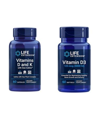Life Extension Vitamins D3 K1 K2 Iodine and D3 5000 IU for Immune Bone Artery and Thyroid Support