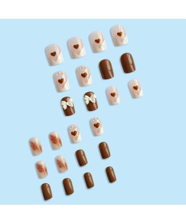 Short Round French style coffee white short style coffee color love white bow fake nails Press On Nails with Nail Tips press on nails Acrylic False Nails Cute Artificial Nails for Women and Girls - Buy Online on GoSupps.com