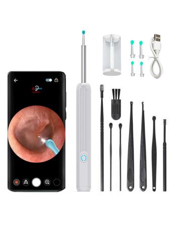 Ear Wax Removal Tool Spade Ear Cleaner with Camera and Light Earwax Removal Kit with 4 Silicone Ear Spoon and 8Traditional Ear Scoop Kit 1296P Ear Camera for iOS & Android White