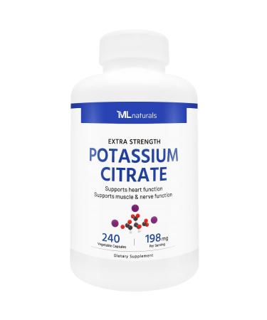 ML Naturals Potassium 198 mg (Potassium Citrate 620 mg/Serving) 240 Vegan Capsules, Supports Heart, Muscle & Nerve Function, Third-Party Lab Tested 240 Count (Pack of 1)