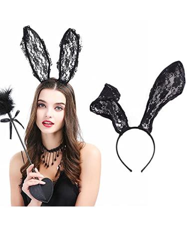 Aceorna Lace Hairband Black Cat Ears Hair Hoop Sexy Bunny Ear Headband Party Decoration Headdress Cosplay Headwear Costume Hair Accessories for Halloween Christmas Masquerade Nightclubs