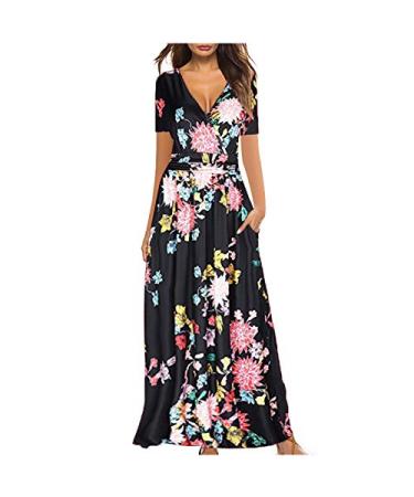 Modedress Summer Dresses for Women Short Sleeve Sunflower Floral Maxi Dress Boho V Neck Swing Dress Party Beach Long Dress Black Large