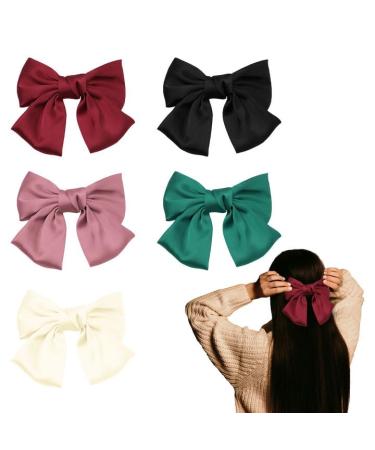 EUPSIIU 5 Pieces Bow Hair Clips Large Hair Bow Hair Barrette Clips for Women Lady Girls Large Bowknot Hairpin French Hair Clip Soft Silky Satin Hair Barrettes Hair Accessories for Girls (5 Colors)