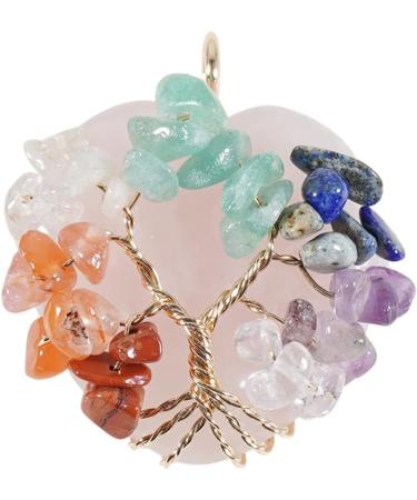 Soulnioi Pink Crystal 7 Chakra Tree of Life Pendant - Rose Quartz Healing Stone Necklace - Buy Online on GoSupps.com