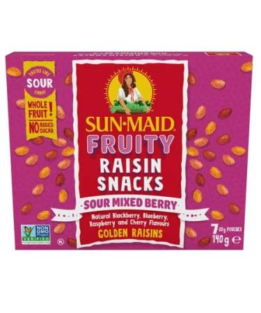 Sour Mixed Berry Flavoured Raisins Snack Bundle. Includes (1) Package of Sun-Maid Fruity Raisin Snacks Sour Mixed Berry Flavour 140g Box (7 pouches included) PLUS Bonus Big Maple Trivia Cards to Enjoy with your Snack. Tastes like Sour Candy
