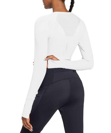 BALEAF Women's Long Sleeve Crop Workout Shirts Slim Fit Tops for Gym Yoga Running White Medium