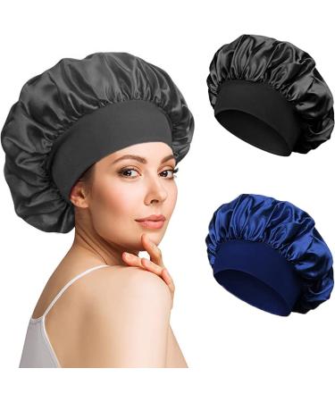 2 Pack Silk Bonnet for Sleeping Silk Wide Band Satin Bonnet Hair Wrap Cap Protect Hair Large Bonnet with Elastic Soft Band Evolve Satin for Black Women Kids Sleeping Curly Hair (Black & Navy Blue)