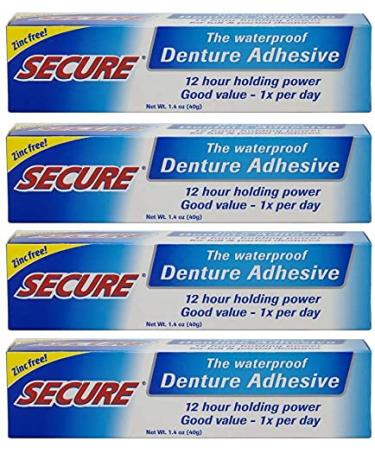 Secure Waterproof Denture Adhesive - Zinc Free - Extra Strong Hold For Upper, Lower or Partials - 1.4 oz (Pack of 4)
