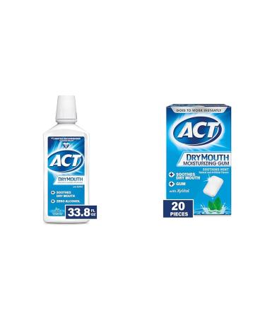 ACT Dry Mouth Anticavity Zero Alcohol Fluoride Mouthwash Soothing Mint 33.8 fl. oz. & ACT Dry Mouth Moisturizing Gum 20 Pieces Sugar Free Soothing Mint