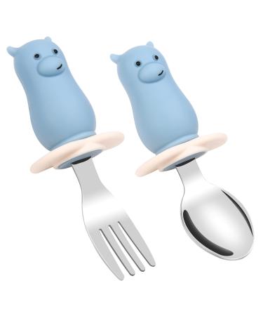 Vicloon Baby Fork and Spoon Set 2PCS Cutlery Set for Children Silicone Stainless Steel Baby Short Handle Training Tableware Ergonomically Designed to Promote Self-Feeding in The Right Way(Hippo)