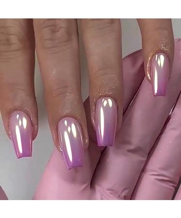 Mouyouglow press on nails short ballerina nude gradient purple glaze fake nails artificial nails with nail glue natural ombre purple artificial fingernails w5