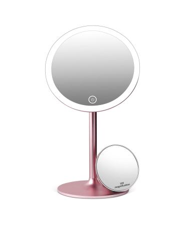 Kostlich Lighted Makeup Mirror with 3 Light Settings  Rechargeable Vanity Mirror with 10x Magnification Pocket Mirror - Magnetic Aluminum Stand  Touch Sensor  Rose Gold Finish