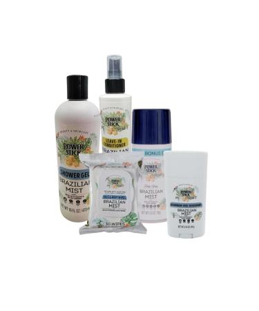 Power Stick Brazilian Mist 5pc Bundle- Body Wash- Leave in Conditioner- Face & Body Wipes- Body Spray-Deodorant