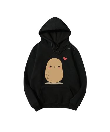 IFOTIME Cute Hoodies for Teen Girls Pullover Potato Heart Printed Solid Color Hooded Sweatshirt Sport Ligthweight A11 Black Small