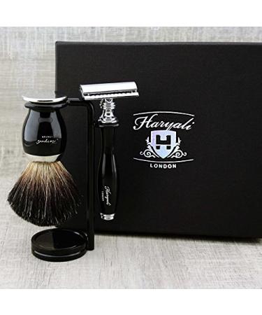 Classic Old-School Men's Shaving Set Pure Black Badger Brush DE Safety (Blades NOT Included) & Dual Stand|Gift for Him
