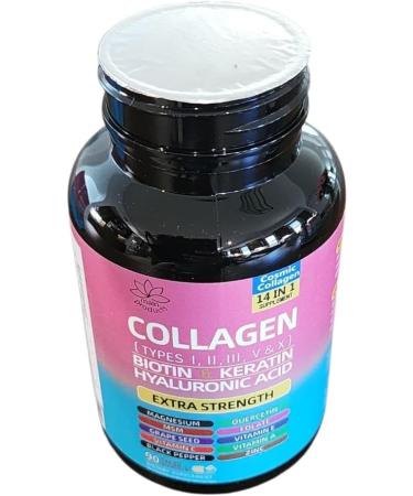 Collagen Peptides Types I II III V & X 64000 MCG 14 in 1 Biotin Keratin Hyaluronic Acid Magnesium MSM Grape Seed Vitamin A C & E Black Pepper Quercetin Folate Zinc (90 Veggie Caps) - Buy Online on GoSupps.com