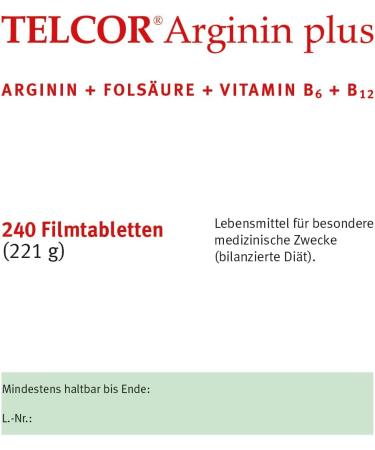 Telcor Arginine Plus - 240 Vegan Tablets for High Blood Pressure & Arteriosclerosis Support | Vitamins B6 B12 & Folic Acid | Quality Made in Germany - Buy Online on GoSupps.com