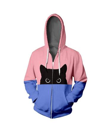 ZGRZPMGR Teen Girls Cat Print Hoodies Long Sleeve Hip Hop Hooded Coats Womens Sweatshirt Pullovers Zip-Up Jackets Plus Size XX-Large Pink