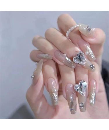 Temperament Enhancement Nail Patch Hand-Worn Nail Luxury high-end Fake Nails Flash Diamond Big Crooked Love Bride Nail can be reused Fake Nails Patch (10-Piece Pack). (Size : XS)