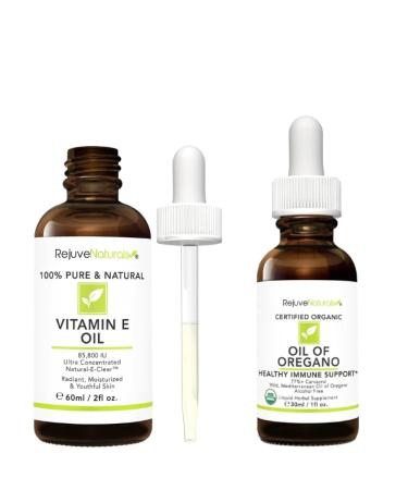 RejuveNaturals Inner & Outer Wellness Bundle 100% Pure Vitamin E Oil (85 800 IU 2 fl oz) + USDA Organic Oil of Oregano (1 fl oz) | Natural Skin Repair Immune & Antioxidant Support | Vegan Non-GMO