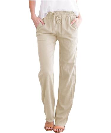 Casual Summer Cotton Linen Pants for Women - Drawstring Elastic Waist Trousers in Medium Beige - Buy Online on GoSupps.com