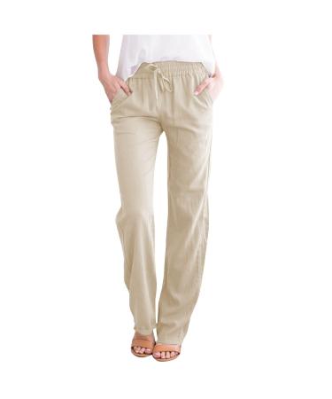 ESCBUKI Cotton Linen Pants for Women Casual Summer Solid Color Drawstring Elastic Waist Trousers Shift Comfy Fall Pants Medium Beige Cotton Linen Pants for Women A3