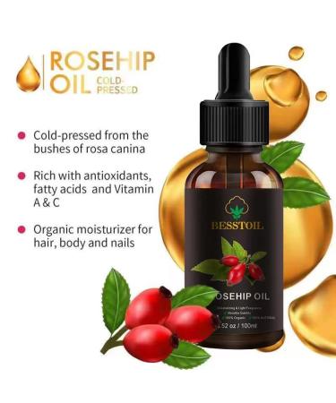 Besstoil Rosehip Seed Oil 100% Pure Natural Cold Pressed Unrefined Non-GMO Carrier Oil - Anti-Aging Moisturizer for Face, Skin, Hair & Nails - 3.52 oz - Buy Online on GoSupps.com