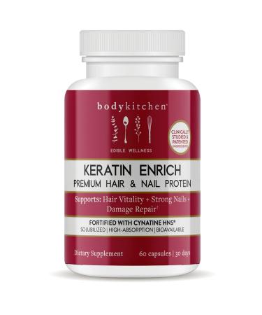 Body Kitchen Keratin Enrich Hair Nutrition Supplement with 500 mg Keratin Biotin and Resveratrol Thicker Hair Stronger Nails Hair Growth Veggie Caps 60 Count