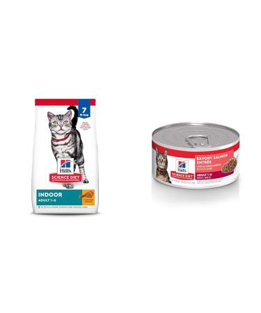 Hill's Science Diet Adult Indoor Dry Cat Food Chicken Recipe Bag 7 Pound (Pack of 1) & Adult Canned Cat Food Savory Salmon Entr e 5.5 oz 24 Pack wet cat food