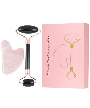 Rockcloud Natural Crystal Jade Roller and Gua Sha Scraping Set Massager Tool for Anti Aging Beauty Neck Body Reduce Wrinkles Facial Massager Therapy Black Obisidian and Rose Quartz Crystal Stone Black & Pink
