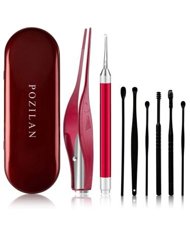 POZILAN Ear Picker Tweezers with LED Light - 8 Pack Ear Wax Removal Tool Cleaner Kit for Kids and Adults Earwax Spoon Digger & Tweezers for Ear Cleaning Tool Gift Set Red