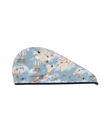 Hair Towel Wrap Hair Drying Towel with Button Towel Turban Head Towel to Dry Hair Quickly (Animals Travel World Map)