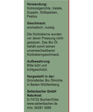  Seitenbacher Seitenbacher Pure virgin organic pumpkin seed oil cold pressed/1 press 1 pack (1 x 250g) - Buy Online on GoSupps.com