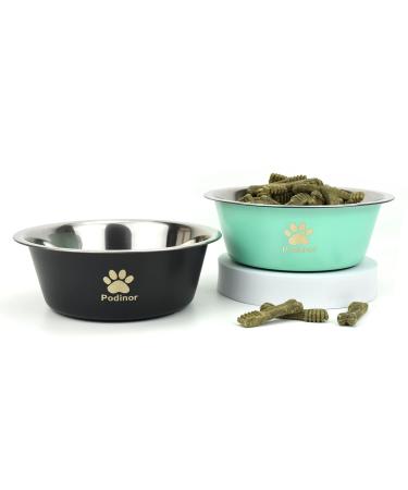 Podinor Stainless Steel Dog Bowls for Small, Medium and Large Dogs, Food and Water Pet Puppy Dishes with Non Slip Bottom - Dishwasher Safe (2 Pack) Black & Aqua 3 Cups/24 oz ea.