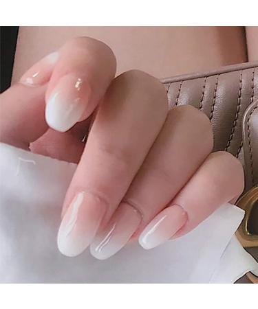 Brishow Coffin False Nails Short Fake Nails Peach Gradient Ballerina Press on Nails Full Cover Acrylic Stick on Nails 24pcs for Women and Girls milky