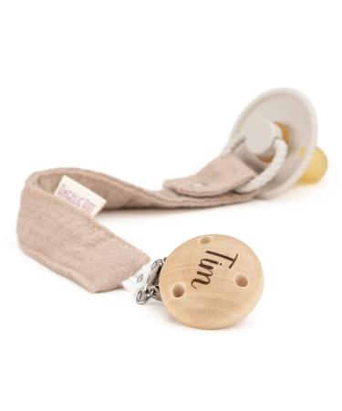 AngelicArt pacifier strap with engraved name for boys and girls - large selection of colors - gift for baby (natural)