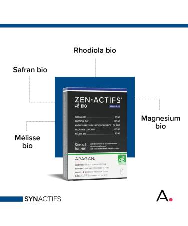 ARAGAN - Synactives - Zenactif Bio - Anti-Stress Dietary Supplement - Rhodiola Organic Lemon Balm Extracts Organic Saffron and Vitamins - 30 capsules - 15 days to 1 month taken - Made in France - Buy Online on GoSupps.com