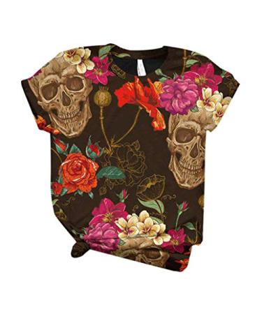 Summer Cute Tops for Women Trendy Funny Cat Butterflies Print Graphic Tee Teen Girls Junior Short Sleeve Shirt Vintage Skull Shirts-red Large