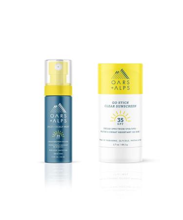 Oars + Alps Face and Scalp Mist SPF 35 Sunscreen + Go Stick Clear SPF 35 Face Sunscreen Set Protects from Blue Light Summer Splash Scent Water and Sweat Resistant 2 Piece Bundle