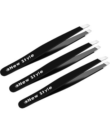 Slant Tweezers (3-Pack) Professional Slant-Tip Tweezers in Separate Sleeves for Eyebrows and Facial Hair Premium Stainless Steel Brow Shaping Hair Plucker for Expert Precision Personal Care Three-pack Black