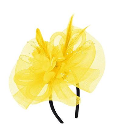 Girls Fascinators Hat Cocktail Tea Party Hair Clip Veil Headband Wedding Bridal Flower Hat Headwear Vintage Headpiece Yellow
