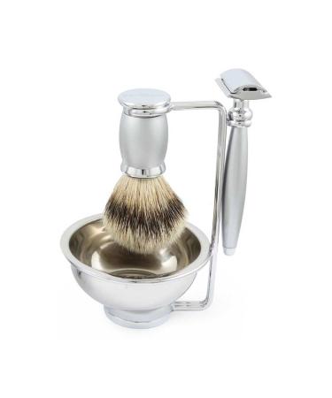 Bulbous Chrome 4-Piece DE Shaving Set with Safety Razor Silver Tip Badger Hair Brush Bowl & Stand'