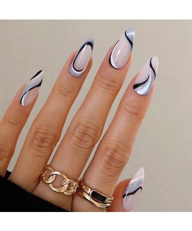 Sethexy abstract almond shape false nails French press on nails swirl fingernails 24st acrylic nails to stick on for women and girls blue2