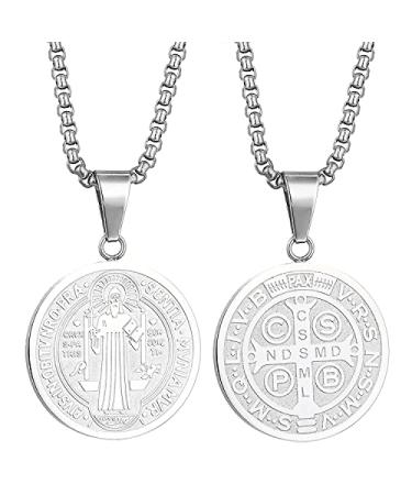 Yonhon St Benedict Medal Necklace Bracelet Stainless Steel Exorcism Catholic Gift for Men Saint Benedict Medal Silver