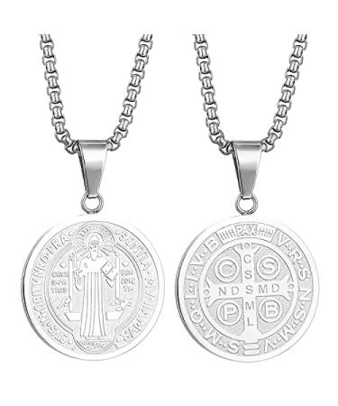 Yonhon St Benedict Medal Necklace Bracelet Stainless Steel Exorcism Catholic Gift for Men Saint Benedict Medal Silver