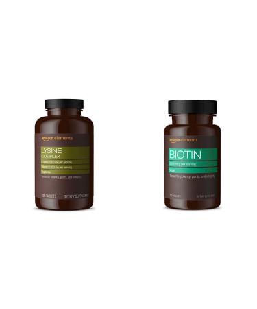 Amazon Elements Lysine Complex with Vitamin C (1500 mg L-Lysine with 100 mg Vitamin C per Serving - 3 Tablets) Supports Immune Health Vegetarian 195 Count (Packaging may vary) and Amazon Elements Vegan Biotin 5000 mcg -
