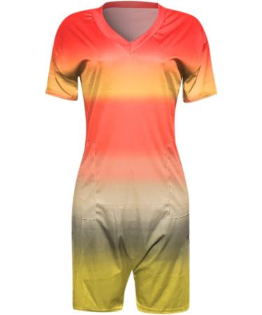 Shop Haiorziyou Women's V-Neck Color Gradient Short Arm Jumpsuit - Oversized Summer Romper with Bags - Perfect for Beach Leisure | L Yellow - Buy Online on GoSupps.com