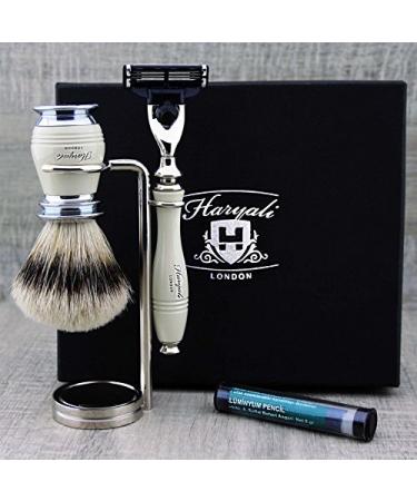 3 Edge Shaving Razor With Pure Silver Tip Badger Hair Brush Stand and Alum Pencil Perfect Shaving Kit For Mens