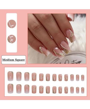 Ombre Nude White Press On Nails - Medium Square Glitter Swirl Design | 24 Pcs Fake Acrylic Nails for Women & Girls - Perfect for Daily Wear & Weddings - Buy Online on GoSupps.com
