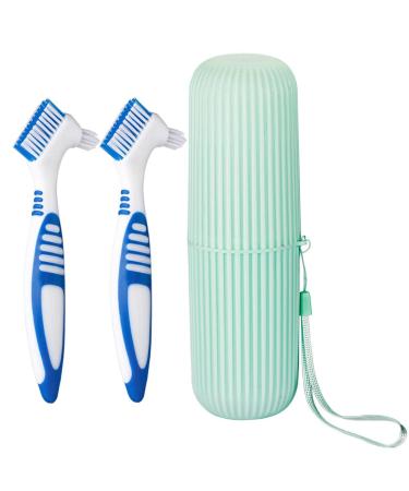 Anbbas 2pcs Double Bristle Head Denture Brush Dental Cleaning Brush with Portable Toothbrush Cup Holder, Properly Clean Oral Appliance